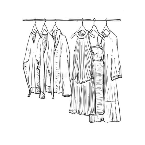 Clothes Rack Drawing, Wardrobe Sketch Drawing, Closet Sketch Drawing, Clothing Rack Drawing, Clothing Store Drawing, Hanging Clothes Illustration, Pile Of Clothes Drawing, Closet Illustration, Closet Sketch