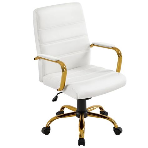 Mercer41 Mid-Back Office Executive Chair With Gold Frame 360° Swivel PU Leather & Reviews | Wayfair Glam Office, Office Executive, Comfortable Office Chair, Leather Swivel Chair, Comfortable Office, Leather Desk, Room Remodel, Executive Office Chairs, Gold Legs