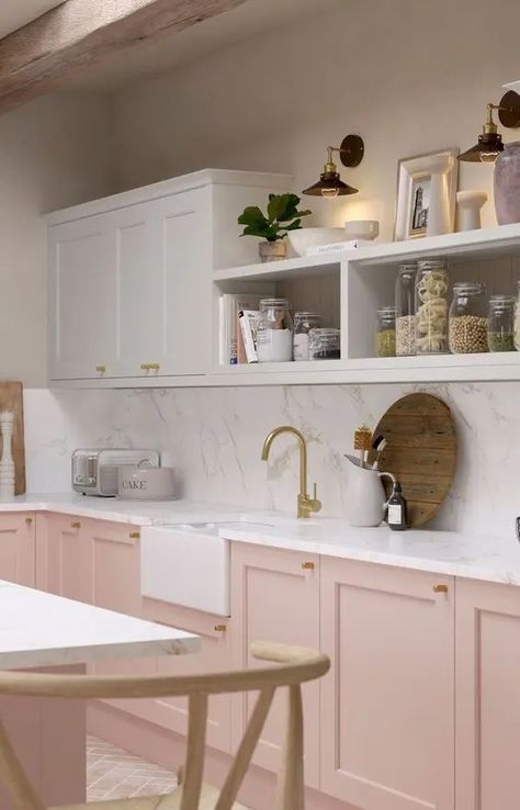 Pink Galley Kitchen, Rose Pink Kitchen, Pink White Kitchen Ideas, Kitchen With Pink Cabinets, White And Pink Kitchen Ideas, White Kitchen With Pink Backsplash, Pink Kitchen Units, White Kitchen Pink Tiles, Dual Colour Kitchen Cabinets