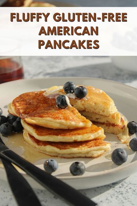 Gluten-free American Pancakes in a white plate with berries Gluten Free Flour Pancakes, Gluten Free Pancake Mix Recipe, Gf Pancake Recipe, Gf Pancake, Gluten Free Pancakes Easy, Fluffy Gluten Free Pancakes, Gf Pancakes, Egg Free Pancakes, Gluten Free Pancake Mix