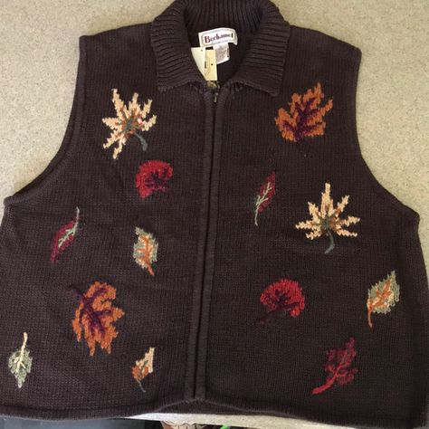 Perfect For Fall Nwt Xl Bechamel Zip Up Front Vest With Fall Motifs On Front And Continued On Back. 52% Ramie, 43% Cotton, 2% Wool & 3% Other Fibers. Measurements: 21” Top To Bottom, 17” Zipper, 17” Shoulder To Shoulder, 23” Side To Side At Midpoint Thrifted Outfits Fall, Grandpa Fits, Fall Motifs, Thrift Manifestation, Grandpa Fashion, Holiday Vest, Business Professional Outfits, Life Size Cutouts, Thrifted Outfits