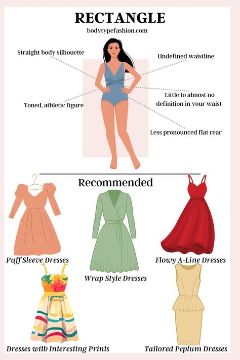 What Style Dresses are best for the Rectangle Body Shape Rectangle Body Shape Fashion, Body Type Clothes, Rectangle Body Shape Outfits, Body Shapes Women, Dress For Body Shape, Dress Body Type, Different Types Of Dresses, Rectangle Body Shape, Body Types Women