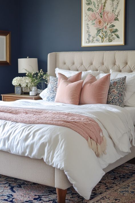 pink-and-blue-bedroom Pink Main Bedroom, Blue Pink Bedroom, Pink And Blue Bedroom Ideas, Black And Gold Bedroom, Blue And Pink Living Room, Pink And Blue Bedroom, Dark Blue Rooms, Blue And Pink Bedroom, Blush Pink Bedroom