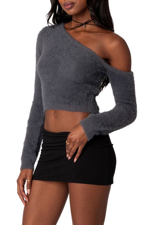 Long sleeves frame this shoulder-baring crop top with a soft, fuzzy texture. One-shoulder neck Long sleeves 100% nylon Machine wash, dry flat Imported Fuzzy Crop Top, Look Put Together, Womens Sleeveless Tops, Casual Summer Tops, Cropped Tube Top, Crochet Crop Top, Casual Tops For Women, Asymmetrical Tops, Dressy Tops