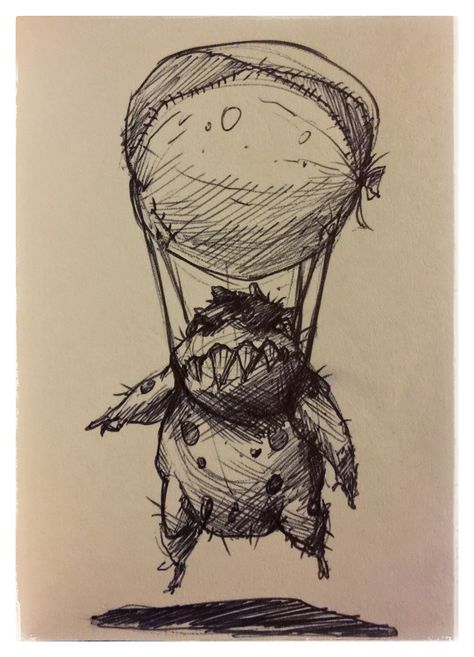 Floating Sketch, Rough Sketches Doodles, Hot Air Balloon Sketch, Ballon Drawing, Scary Balloons, Ink Character, Hot Air Balloon Drawing, Doodle Monster, Artsy Ideas