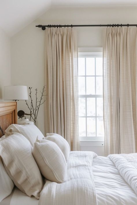 bed with lightweight sheer linen curtains Linen Curtains Bedroom, Linen Curtains Living Room, Sheer Curtains Bedroom, Living Room Curtains Ideas, Room Curtains Ideas, Sheers Curtains Living Room, Masculine Home Office, Bedroom Curtain Ideas, Rearranging Furniture