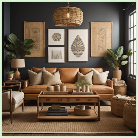 Brown And Charcoal Living Room, Mcm Boho Living Room, Vintage Contemporary Living Room, Contemporary Boho Living Room Decor, Rustic Boho Living Room Decor, Modern Eclectic Living Room, Masculine Living Rooms, Organic Living Room, Earthy Living Room