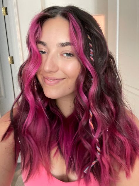 pink hair, pink hair inspo, hair goals, pink hair goals, colorful hair, dyed hair, dyed hair inspo, tinsel hair, summer aesthetic Brown Hair Pink Front Strands, Halo Pink Hair, Pink Hair Bottom Half, Hailey Hairstyles, Pink Hair Tinsel, Purple Halo Hair, Pink Halo Hair, Pink Tips Hair, Pink Underdye Hair