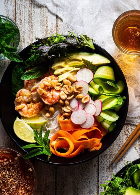 Shrimp Vermicelli, Lemongrass Shrimp, Vermicelli Bowl, Seafood Stock, Marinated Shrimp, Mini Cucumbers, Rice Vermicelli, Roasted Peanuts, Fresh Veggies