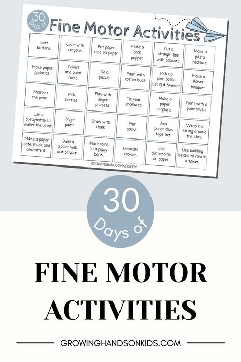 Preview of the 30 days of fine motor activities calendar. Visual Motor Activities, Fine Motor Activity, Fine Motor Activities For Kids, Kindergarden Activities, Preschool Fine Motor, List Of Skills, Calendar Download, Preschool Writing, Teaching Toddlers