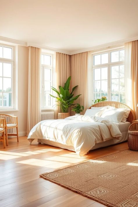 Discover the beauty of this serene bedroom, filled with natural light and cozy decor. The soft beige curtains and warm wooden accents create a peaceful atmosphere perfect for relaxation. Embrace the tranquility that comes from incorporating greenery, while the chic rattan bed frame adds a touch of boho elegance. This inviting space is ideal for unwinding after a long day or enjoying a quiet morning with a cup of tea. . BedroomDecor #CozyVibes #HomeInterior #NaturalLight #BohoStyle #SereneSpace Bright And Airy Bedroom, Boho Bed Frame, Light Airy Bedroom, Rattan Bed Frame, Airy Bedroom, Quiet Morning, Beige Curtains, Rattan Bed, Serene Bedroom