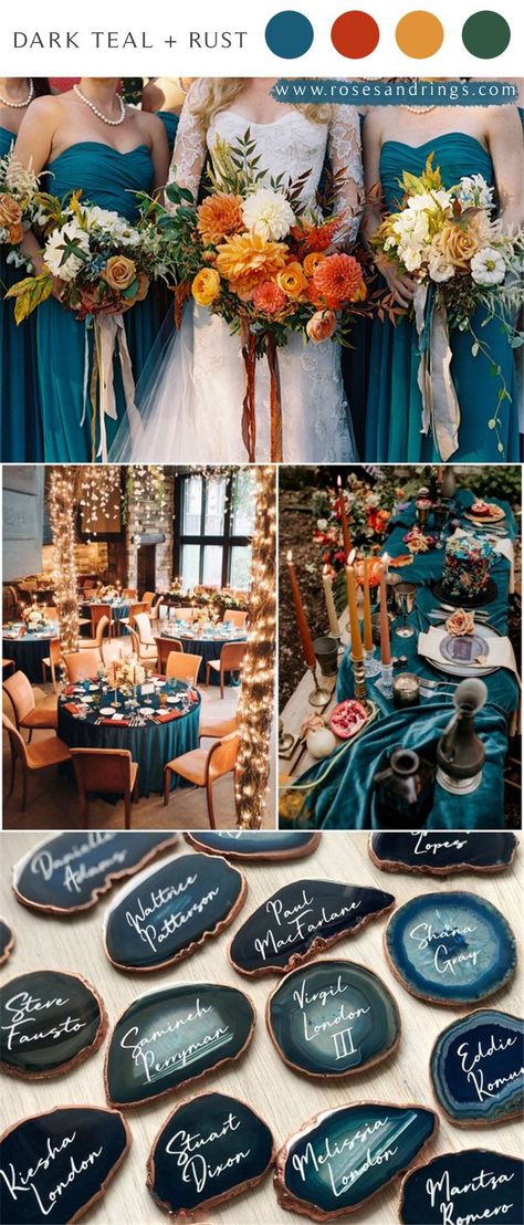 Dark Teal Wedding Theme, Teal And Burnt Orange Wedding, Teal Wedding Colors Schemes, Rust Fall Wedding, Dark Teal Wedding, Burlap Wedding Arch, Teal Wedding Theme, Dark Teal Weddings, Fall Wedding Color Ideas