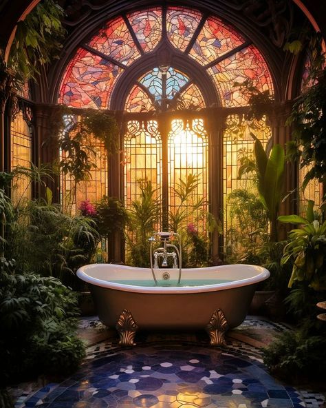 A Tour Through A Stained Glass Mansion by @benmyhre [IG] 🏠🪟☀️ | Instagram Glass Mansion, Color Schemes Bathroom, Closet Organization Bathroom, Glass Bathtub, Design Small Bathroom, Bathroom Gallery Wall, Glamorous Bathroom, Bathroom Closet Organization, Stain Glass Window Art