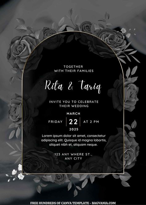 Get 16+ Black Roses Canva Wedding Invitation Templates #free #freeinvitation2019 #birthday #disney #invitations #invitationtemplates Canva Wedding Invitations, Dark Blue Roses, Design Undangan, Birthday Cake Write Name, Nikah Decor, Frame Work, Canva Wedding, Wedding Readings, Romantic Wedding Hair