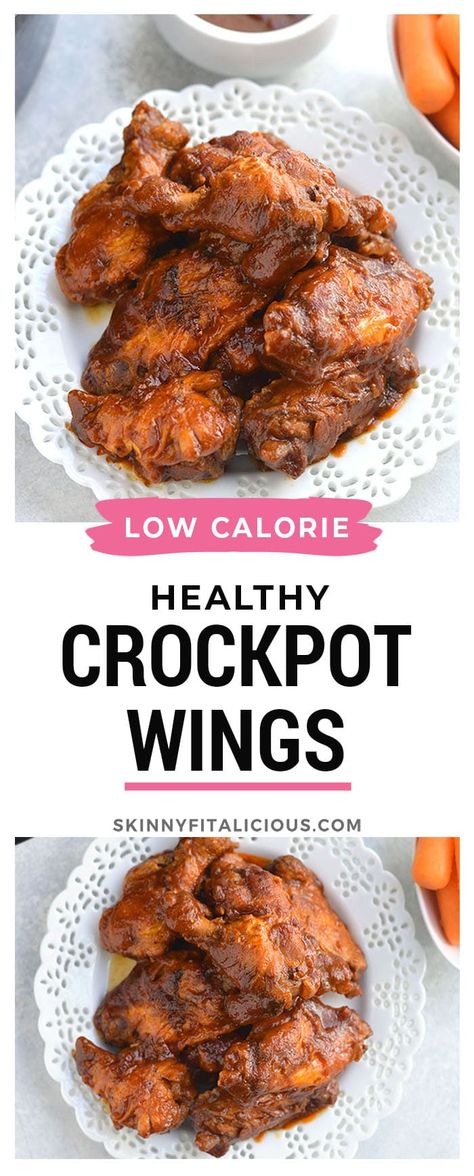 Healthy Crockpot BBQ Wings {GF, Paleo, Low Cal} - Skinny Fitalicious® Low Cal Football Snacks, Low Calorie Wings, Low Calorie Chicken Wings, Skinnyfitalicious Recipes, Crockpot Bbq Wings, Crockpot Wings, Wings Recipe Crockpot, Gluten Free Chicken Wings, Fodmap Slow Cooker