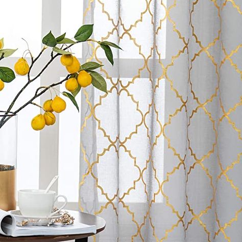 Gold And White Curtains, Gray Sheer Curtains, Moroccan Tiles Pattern, Gold Geometric Pattern, White Sheer Curtains, Gold Curtains, Moroccan Trellis, Short Curtains, Net Curtains