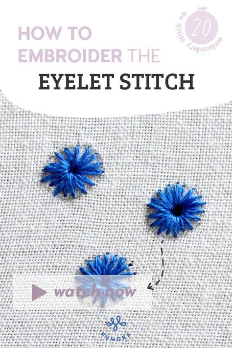 Learn to embroider the eyelet stitch for your embroidery projects! Eyelet Stitch Embroidery Design, Eyelet Embroidery Design, Eyelet Stitch, Learn To Embroider, Embroidery Video, Learning To Embroider, Pretty Embroidery, Contemporary Embroidery, Eyelet Embroidery