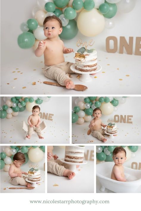 Cake Smash Neutral Colors, Cake Smash With Balloons, Sage Green 1st Birthday Cake, First Birthday Balloon Photoshoot, Balloon Garland Cake Smash, Sage First Birthday, Sage Green Smash Cake, First Birthday Boy Photoshoot Ideas, Green First Birthday Cake