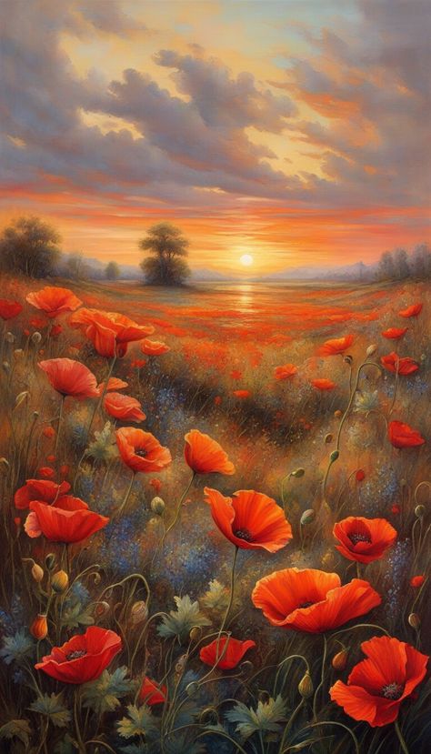 Painting of Field of poppies - AI creation Poppy Field Painting Acrylics, Poppy Flower Pictures, Field Of Poppies Painting, Painting Of Field, Senior Year Art, Poppy Field Painting, Remembrance Day Art, Poppies Painting, Steven Brown Art