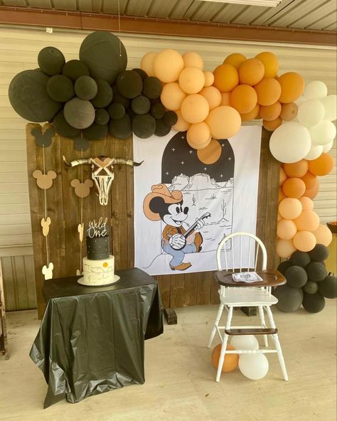 Western Mickey Mouse Party, Mickey Mouse Cowboy Birthday Party Ideas, Mickey Cowboy Birthday, Cowboy Mickey Mouse Party, Cowboy First Birthday Party, Cowboy First Birthday, Cowboy Themed Birthday Party, 1st Rodeo, Mickey First Birthday