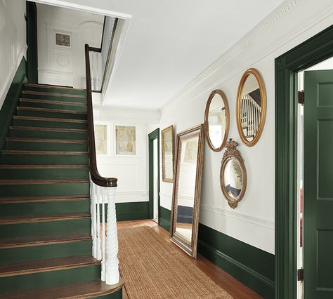 Trim On White Walls, Green Trim White Walls, Heritage Paint Colours, Hallway Paint Colors, Heritage Paint, Hallway Paint, Painted Staircases, Wall Green, Green Hallway