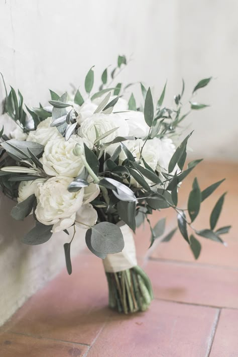 Neutral Romantic Wedding Bouquet of White Peonies and Olive Leaf at Summerour Studio Wedding in Atlanta Georgia Summerour Studio Wedding, Romantic Wedding Bouquet, Summerour Studio, Affordable Wedding Flowers, Teal Wedding Colors, Olive Green Weddings, Greenery Wedding Bouquet, Green Wedding Bouquet, Bride Hair Piece