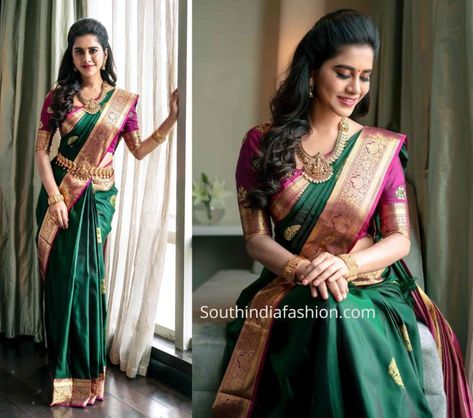 Green Kanchipuram Saree, Nabha Natesh, South Indian Wedding Saree, Saree Kanchipuram, Bridal Sarees South Indian, Saree Bollywood, Wedding Saree Blouse Designs, South Indian Sarees, Silk Saree Blouse Designs