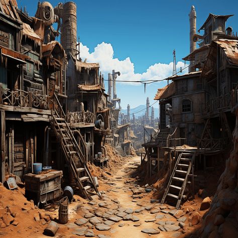 Steampunk Desert City, Dystopian Desert City, Mad Max Landscape, Post Apocalyptic Community, Post Apocalyptic Aesthetic Desert, Post Apocalyptic Steampunk, Post Apocalyptic Wasteland, Desert Steampunk, Post Apocalyptic Town