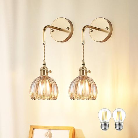 PiWWPi Vintage Wall Sconces Set of 2 with Cognac Tulip Glass Shade Brass Sconces Modern Wall Lighting Fixture with Switch for Bedroom Bedside Doorway - Amazon.com Sconces Dining Room, Modern Wall Lighting, Well House, Vintage Sconces, Brass Sconces, Vintage Wall Sconces, Modern Sconces, Modern Wall Lights, Wall Fixtures