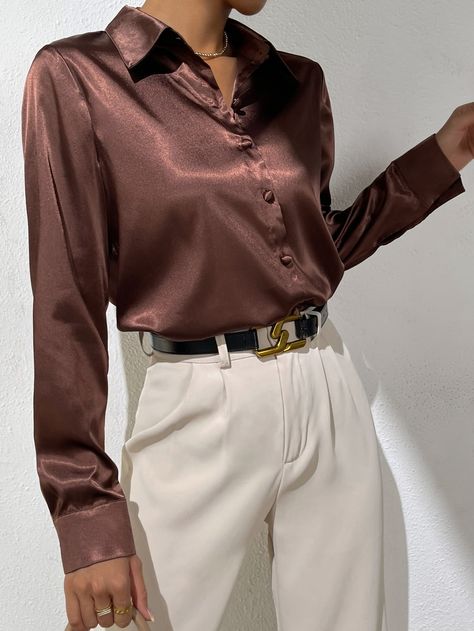 Coffee Brown Elegant Collar Long Sleeve Satin Plain Shirt Embellished Slight Stretch  Women Tops, Blouses & Tee Silky Shirt Outfit, Brown Blouse Outfit, Brown Top Outfit, Satin Top Outfit, Satin Shirt Outfit, Silk Shirt Outfit, Satin Blouse Outfit, Satin Outfit, Satin Shirts