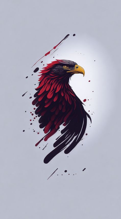 minimalist logo illustration of vector art of an eagle, front facing, magic, sharp design, smooth, monochromatic Red color , dark magic splash, t-shirt design, in the style of Studio Ghibli, pastel tetradic colors, 3D vector art, cute and quirky, fantasy art, watercolor effect, bokeh, Adobe Illustrator, hand-drawn, digital painting, low-poly, soft lighting, bird's-eye view, isometric style, retro aesthetic, focused on the character, 4K resolution, photorealistic rendering, using Cinema 4D, The Sky, Feathers, Red, Black