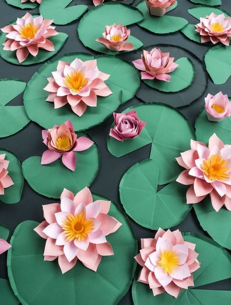 Water Lily Paper Craft, Water Lily Origami, Paper Lily Pad, Water Lily Paper Flower, Paper Water Lily, Paper Lotus, Diy Floral Decor, Paper Flower Decor, Preschool Art Activities