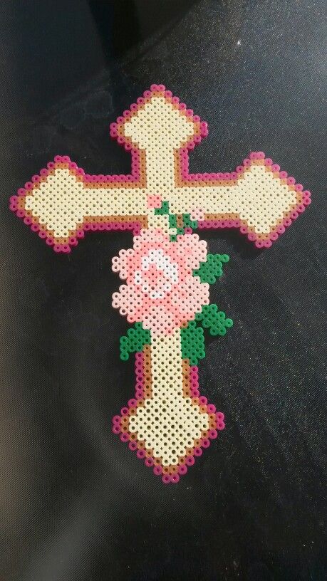 Cross and rose Cross Perler Bead Pattern, Perler Beads Cross, Cross Perler Beads, Easy Perler Bead Patterns, Melty Bead Patterns, Pearl Beads Pattern, Perler Ideas, Easy Perler Beads Ideas, Hama Beads Design