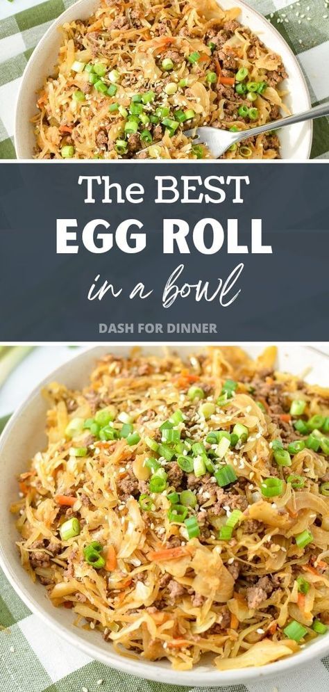 Whip up a healthy and delicious low carb dinner by creating an inside out egg roll with ground beef and a few simple ingredients. This egg roll in a bowl recipe is easy to make and is seasoned with garlic, ginger, and soy sauce for flavorful results. Whether you're keto, or simply looking to eat healthier, this dish is perfect for satisfying your cravings while packing lots of protein. Gluten free and dairy free. Easy Dinner Recipes Non Dairy, Weight Watchers Eggroll In A Bowl Recipe, Keto Dinner Recipes Asian, Egg Roll In A Bowl Weight Watchers, Fast Protein Dinner, Eggroll In A Bowl Keto, Dinner Ideas With Ground Beef Dairy Free, Egg Roll In A Bowl Sauce, Dairy Free Dinners For Family