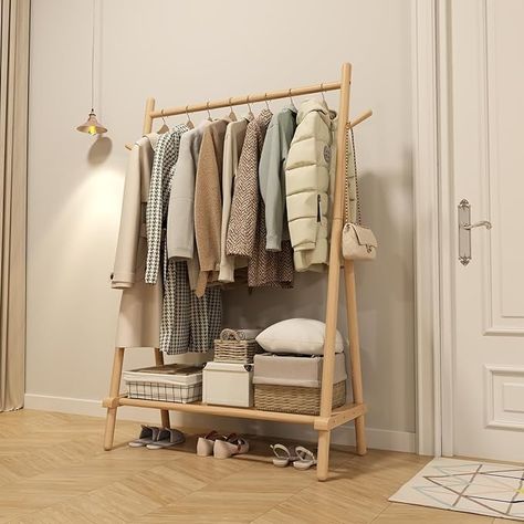 Amazon.com: KASLANDI Solid Wood Clothes Rack, Clothing Rack with Shelf and Hook, Sturdy and Portable, Garment Rack for Hanging Clothes,Coats,Skirts,Shoes,Bags,Easy to Assemble (Natural) Wood Clothes Rack, Shoe Rack Living Room, Wood Clothes, Garment Rack, Entryway Console Table, Home Office Furniture Desk, Hanging Clothes, Garment Racks, Clothes Rack