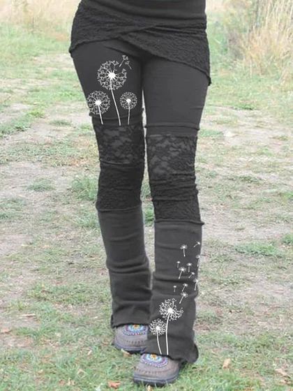 exikou Bamboo Leggings, Dandelion Print, Elastic Leggings, Polyester Pants, Lace Patchwork, Printed Jumpsuit, Lace Fashion, Look Cool, Moda Casual