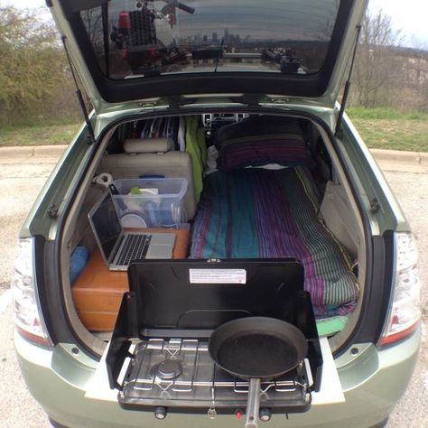 Life in a Prius (because who needs bathrooms... wait none of these car dwellings have bathrooms. yeesh.). Chris Sawey Prius Camping, Camping Hacks With Kids, Bil Camping, Kangoo Camper, Suv Camper, Car Life Hacks, Auto Camping, Suv Camping, Car Camper