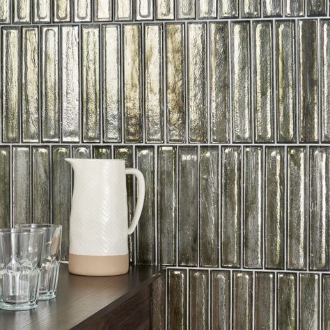 Komorebi Brick Rainforest Dew Metallic 2x12 Subway Look Polished Glass Tile | Tilebar.com Smoked Glass Backsplash, Mercury Glass Tile, Glass Tile Fireplace, Metallic Tile, Glass Subway Tile Backsplash, Mirrored Subway Tile, Metallic Wall Tiles, Glass Tile Backsplash Kitchen, Metal Tile Backsplash