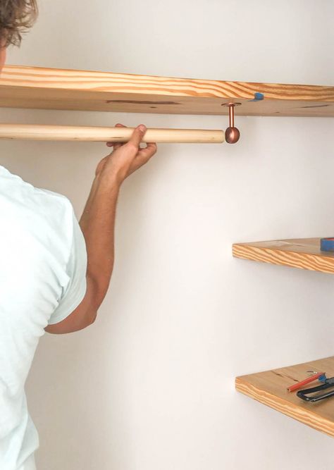 DIY Floating Wood Shelves + Clothing Bar | In Honor Of Design Wooden Closet Shelves, Floating Wood Shelves, Diy Closet Shelves, Cottagecore Kitchen, Clothes Shelves, Wooden Closet, Closet Rods, Floating Shelf Brackets, Clothes Rod