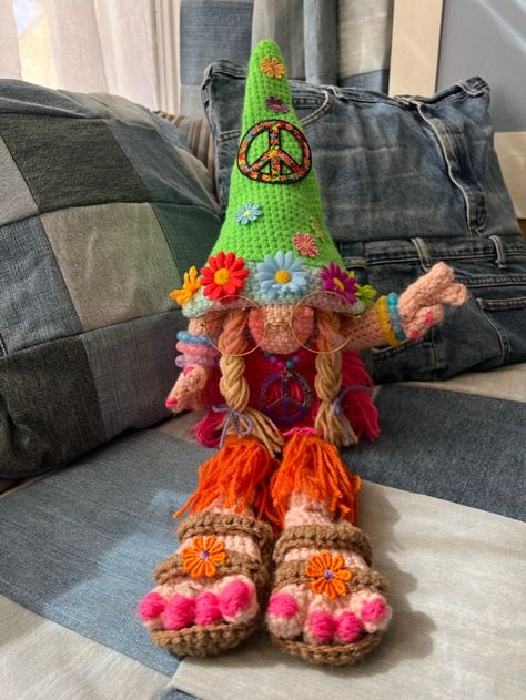 "Written instructions in English for crochet Hippie Gnome pattern.   Pattern as written is sized approximately 11\" x 27\".  Pattern includes links to accessories used to make this product. Skill level: Difficult Photo by Camille Merriam Pattern Design by Camille Merriam Gnome Design by @nonnasyarnbarn Instagram" Hippy Crochet, Groovy Crochet, Crochet Gnome, Gnome Doll, Gnome Pattern, Hippie Crochet, Crochet Classes, Doll Crochet Pattern, Crochet Vest Pattern