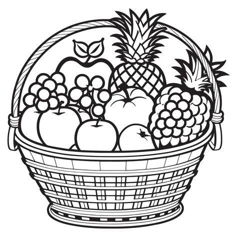 Drawing Fruit Basket Art, All Fruits Images, Fruits Outline, Basket Coloring Page, Fruit Basket Drawing, Children Ministry, Basket Drawing, Fruits Images, Outline Drawing