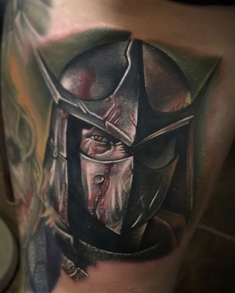 This amazing realistic tattoo of master Shredder from the Teenage Mutant Ninja Turtles was done by Poch Tattoo. Follow the link below to find his IG along with many other super talented artists Shredder Tattoo, Tmnt Tattoo, Ninja Turtle Tattoos, Shredder Tmnt, Unusual Tattoo, Realistic Tattoo, Mutant Ninja, Teenage Mutant Ninja Turtles, Teenage Mutant Ninja