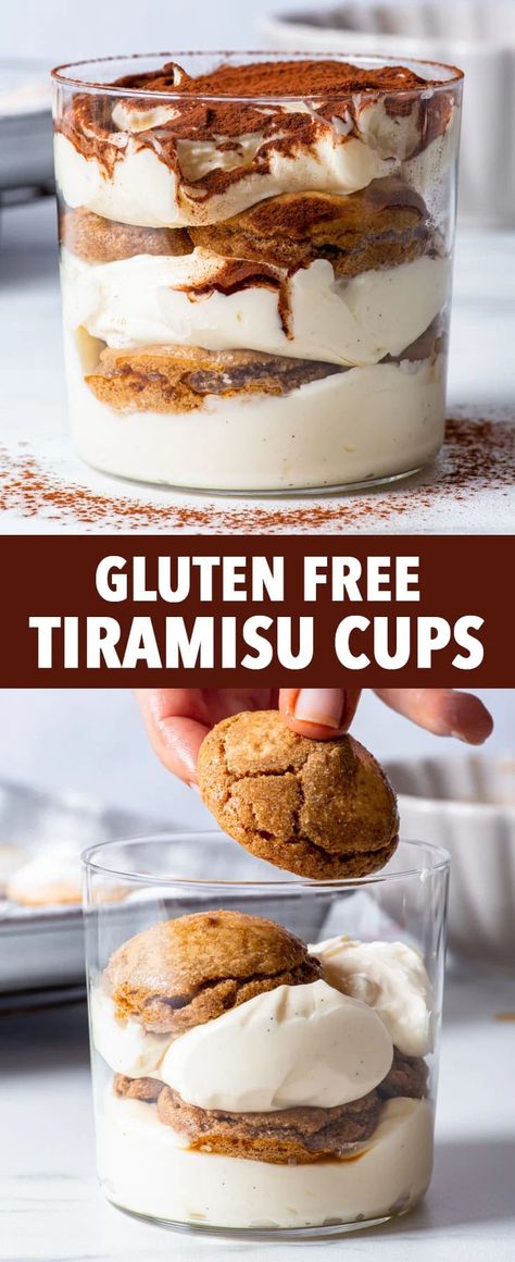 Gluten Free Tiramisu Cups - These luxuriously delicious gluten free tiramisu cups are a really fun and cute idea to serve at parties, and they’re also a great alternative if you want to make a smaller batch of tiramisu. With homemade mini gluten free ladyfinger biscuits and a velvety-smooth mascarpone cream, they�’re very easy to assemble and they look amazing. Gluten free desserts. Gluten free recipes. Entertaining ideas. Party ideas. Party food. Gluten Free Italian Desserts, Entertaining Ideas Party, Gluten Free Tiramisu, Tiramisu Cups, Gluten Free Italian, Easy Gluten Free Desserts, Italian Recipes Dessert, Mascarpone Cream, Gluten Free Flour Blend