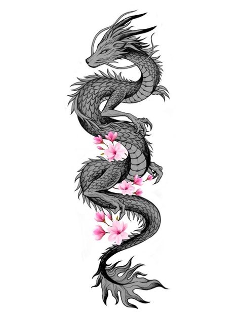 Chinese Dragon Spine Tattoos For Women, Snake Dragon Tattoos For Women, Floral Dragon Spine Tattoo, Dragon Tattoo Designs For Women Cherry Blossoms, Long Dragon Tattoo Design, Woman’s Dragon Tattoo, Dragon And Flower Spine Tattoo, Japanese Dragon Flower Tattoo, Dragon Tattoos Black Women