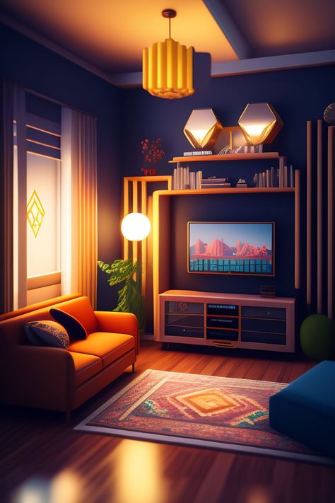 Pixel Living Room, Isometric Living Room, One Point Perspective Room, Cozy Nostalgia, Living Room Illustration, Perspective Room, Black Feature Wall, Tv Mounting, House Front Porch