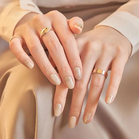 The 8 Best Champagne Colored Gel Nails for the Winter of 2022 | DTK Nail Supply Sns Wedding Nails Bridesmaid, Gold Cream Nails, Gold Bride Nails, Nails With Champagne Dress, Cream Wedding Nails, Beige And Blue Nails, Gold Neutral Nails, Nails With Gold Dress, Bride Nails Wedding Elegant Gold