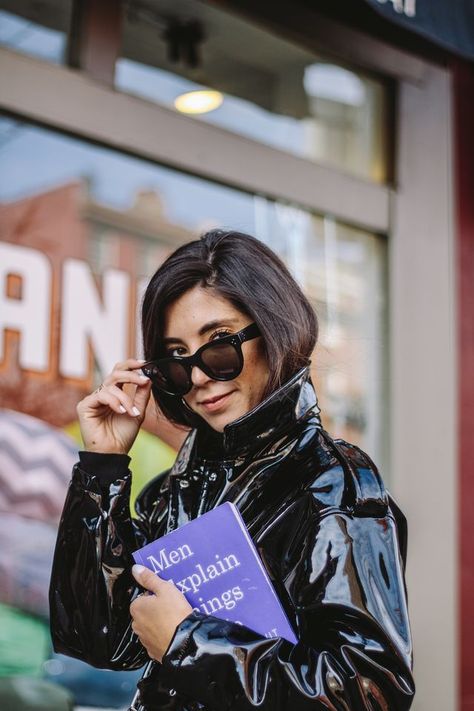 book review: men explain things to me This Time Tomorrow, Raincoat Outfit, Black Raincoat, Vinyl Fashion, Rainwear Fashion, Shiny Clothes, Raincoats For Women, Leather Trench Coat, Red Outfit