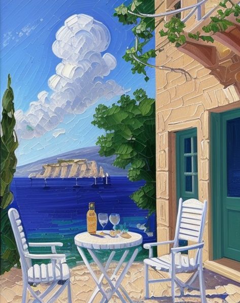 Mediterranean Paintings Easy, Acrylic Contemporary Art, Greece Illustration Art, Mahi Painting, Greek Patio, Athens Painting, Acrylic Painting Food, Travel Art Painting, Mediterranean Artwork