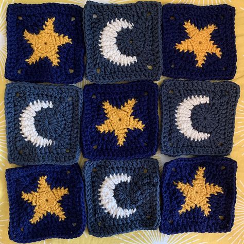 Ravelry: Star and Moon Granny Square pattern by Madeline Watson Moon And Star Granny Square Pattern, Moon And Star Granny Square Free Pattern, Granny Square Bulky Yarn, Star And Moon Granny Squares, Pentagram Granny Square, Sun And Moon Granny Square Pattern Free, Space Granny Square, Celestial Granny Square, Cool Granny Square Patterns