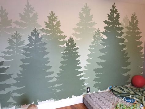 I've spent most of my adult life in the no-murals-ever camp. I didn't want anything too themed because I knew I'd get tired of it and want t... Diy Forest Mural, Camping Theme Bedroom, Diy Forest, Camping Bedroom, Boys Room Mural, Boys Room Diy, Forest Room, Maluchy Montessori, Wall Murals Diy